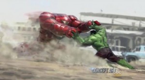 Concept art of Iron Man's 'Hulkbuster' armor facing off against the Hulk in AVENGERS: AGE OF ULTRON (Click for full-res)
